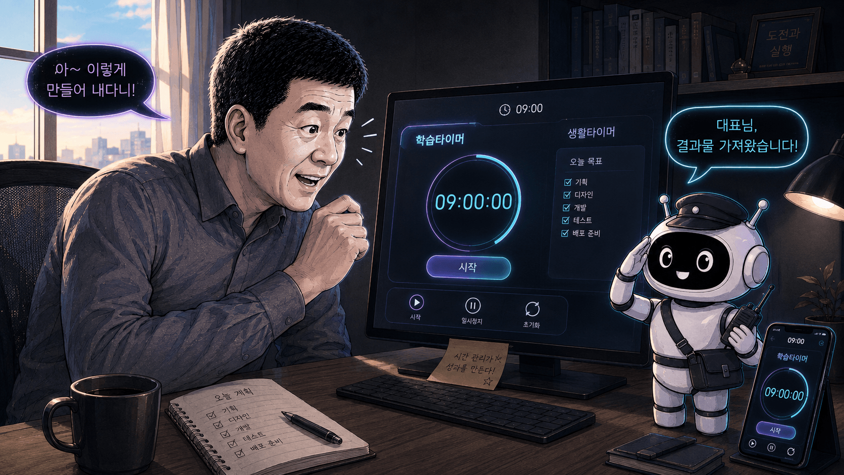 대표가 AI 당번이 완성한 타이머를 보고 놀라는 장면