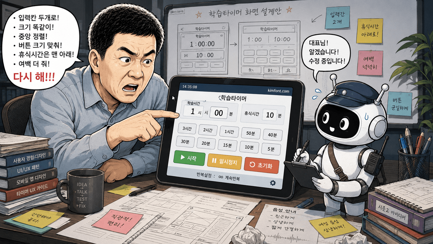 대표가 타이머 디자인을 지적하며 AI 당번에게 다시 수정하라고 하는 장면