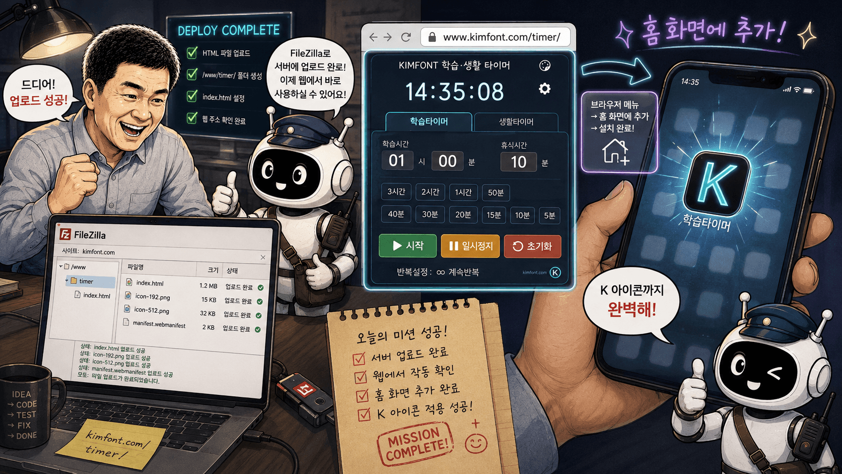 휴대폰 홈 화면에 K 아이콘이 나타난 장면