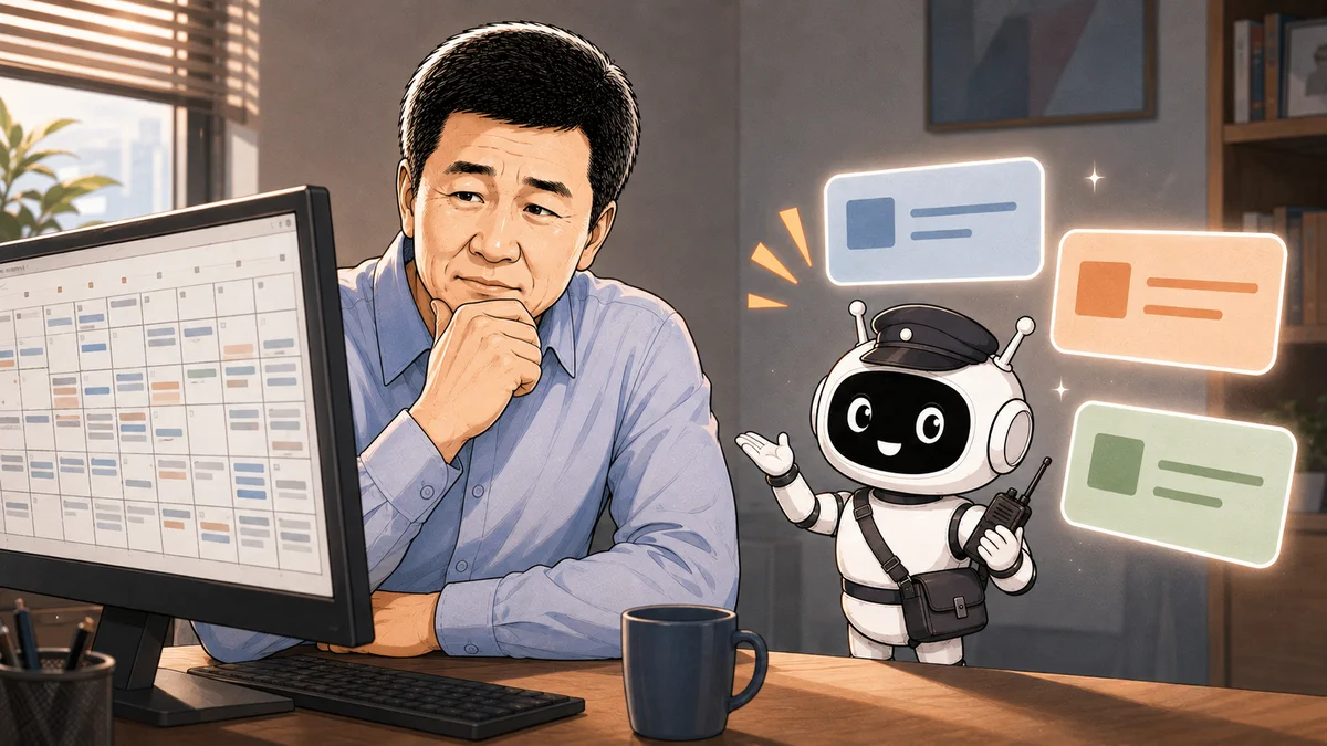 빽빽한 달력과 여유로운 중요 일정 카드를 비교하는 대표님과 AI 당번