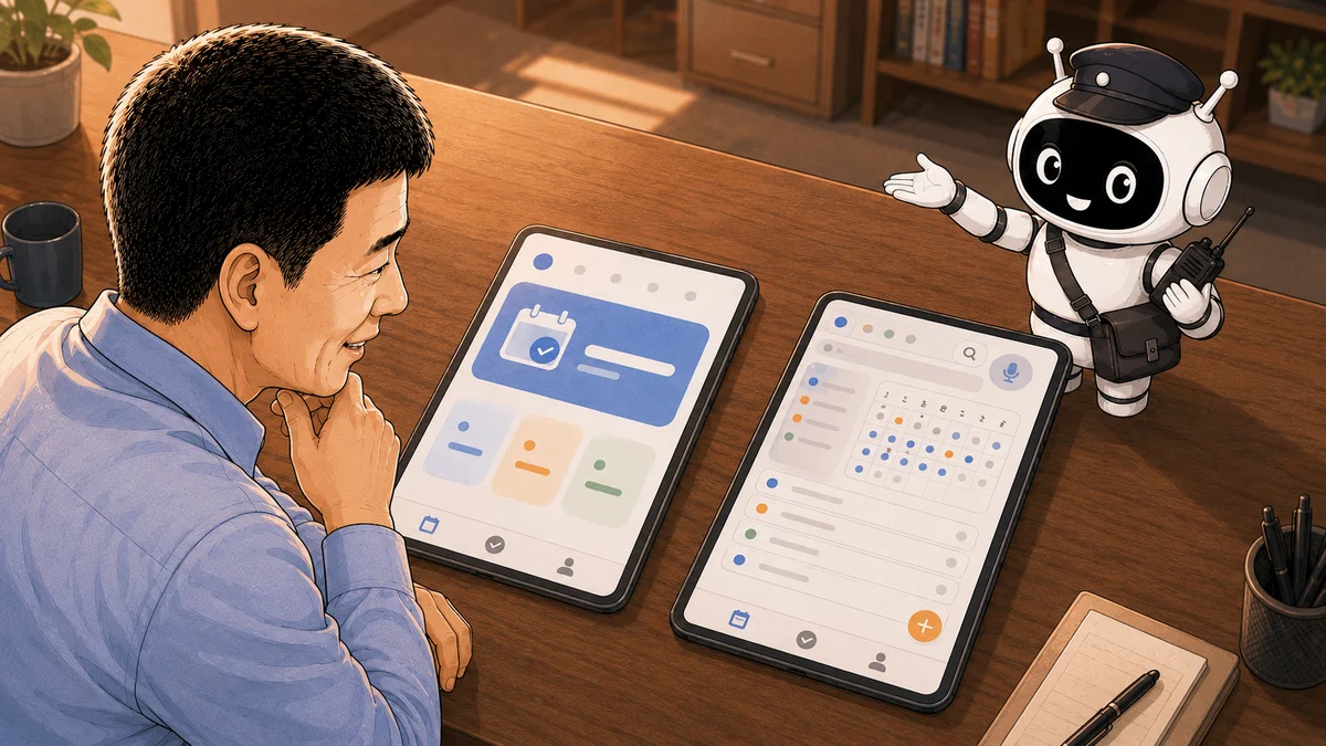 큰 버튼의 간편 모드와 달력 검색 마이크 기능이 있는 전문가 모드 비교